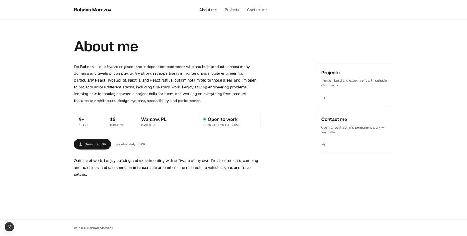 The about page of this site: heading, intro, stats row and side links.